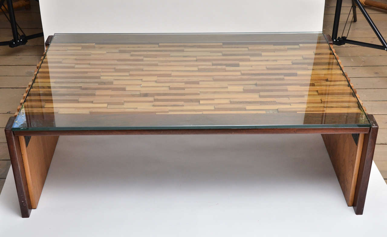 Wood Hand Affixed Slated Coffee Table with Glass Top by Percival Lafer