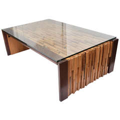 Wood Hand Affixed Slated Coffee Table with Glass Top by Percival Lafer