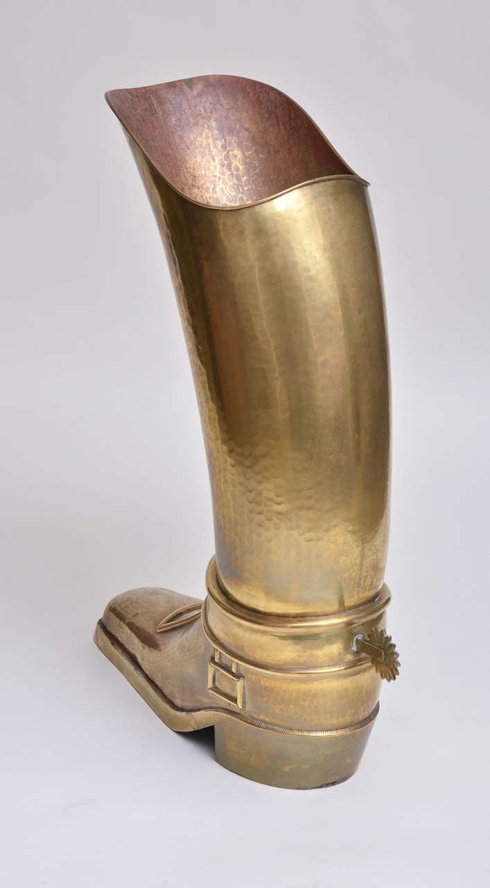 Italian Hammered Brass Umbrella Stand in the Form of a Cowboy Boot