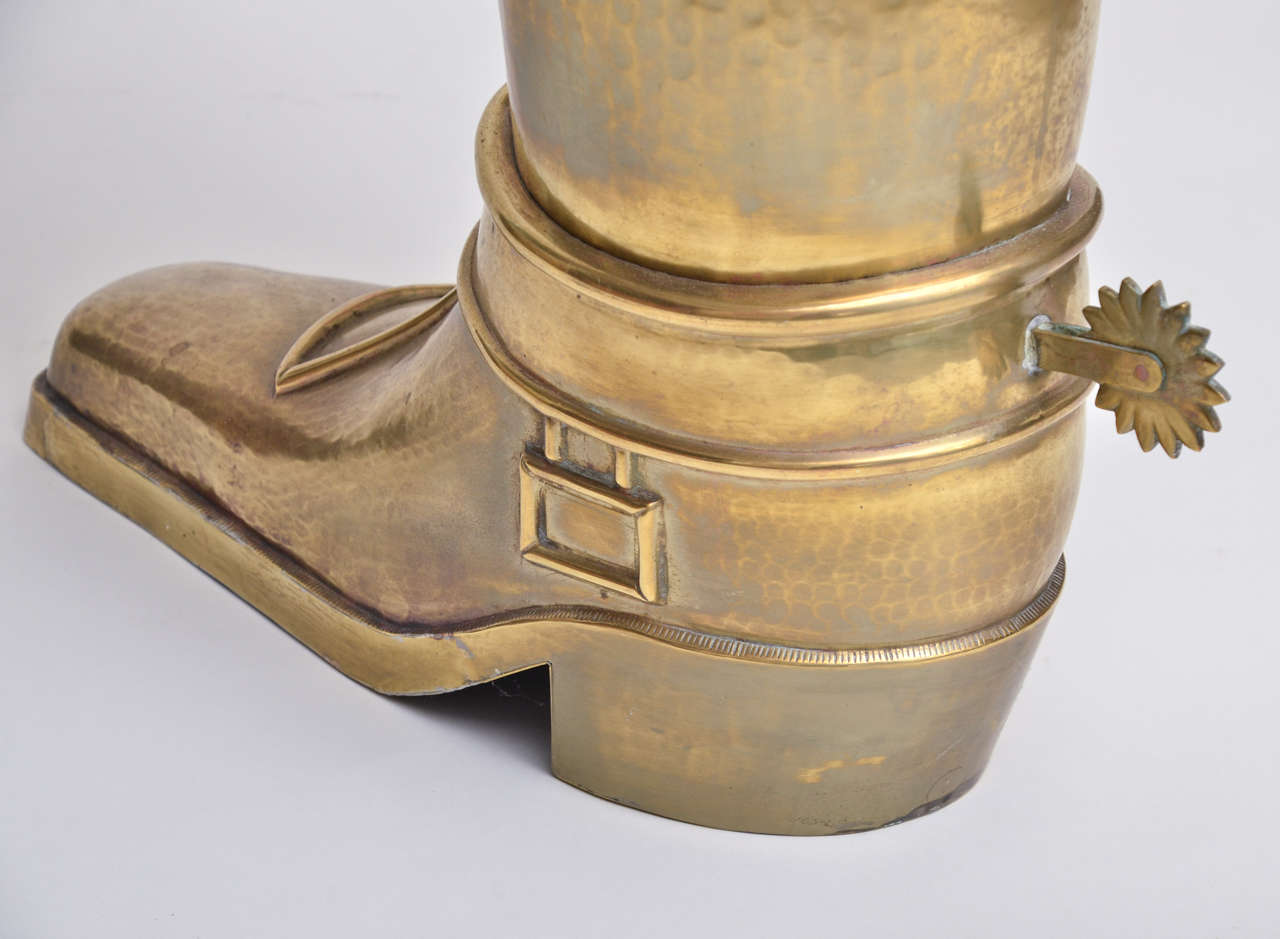Hammered Brass Umbrella Stand in the Form of a Cowboy Boot In Excellent Condition In Bridgehampton, NY