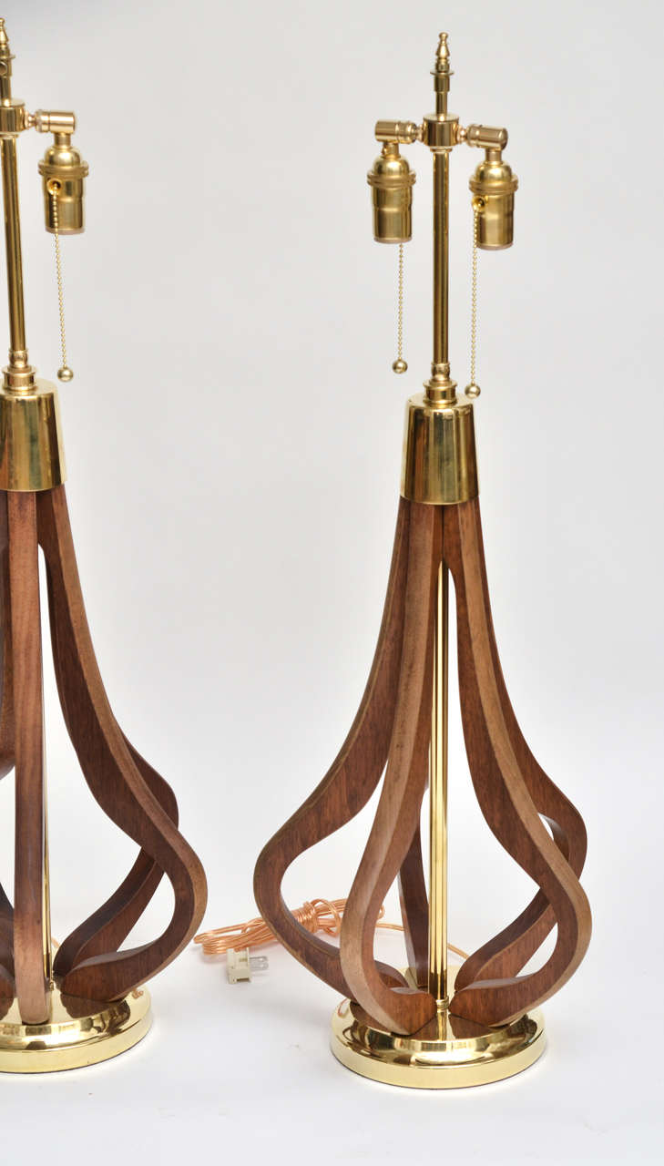 20th Century Pair of Bulb Form Wood and Brass Table Lamps