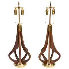 Pair of Bulb Form Wood and Brass Table Lamps