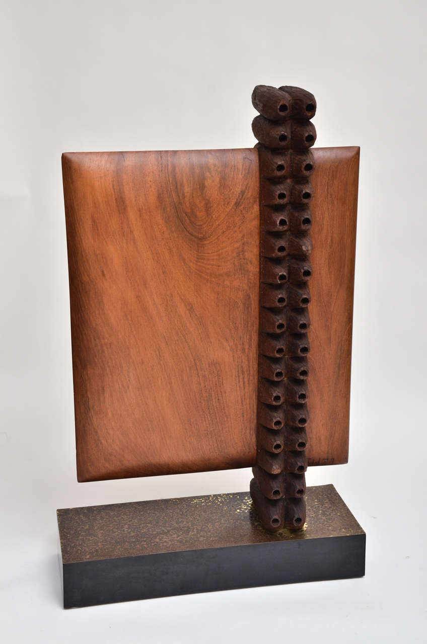 Rectilinear Wood and Brass Abstract Sculpture In Excellent Condition In Bridgehampton, NY