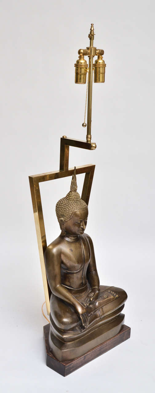 Pair of Sculptured Bronze Buddhist Asian Motif Table Lamps In Excellent Condition In Bridgehampton, NY