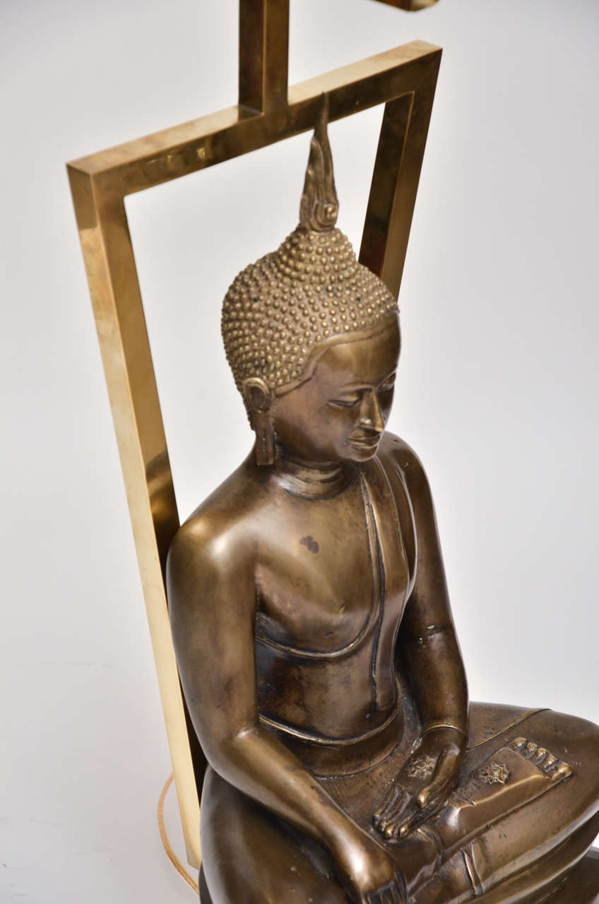 Brass Pair of Sculptured Bronze Buddhist Asian Motif Table Lamps