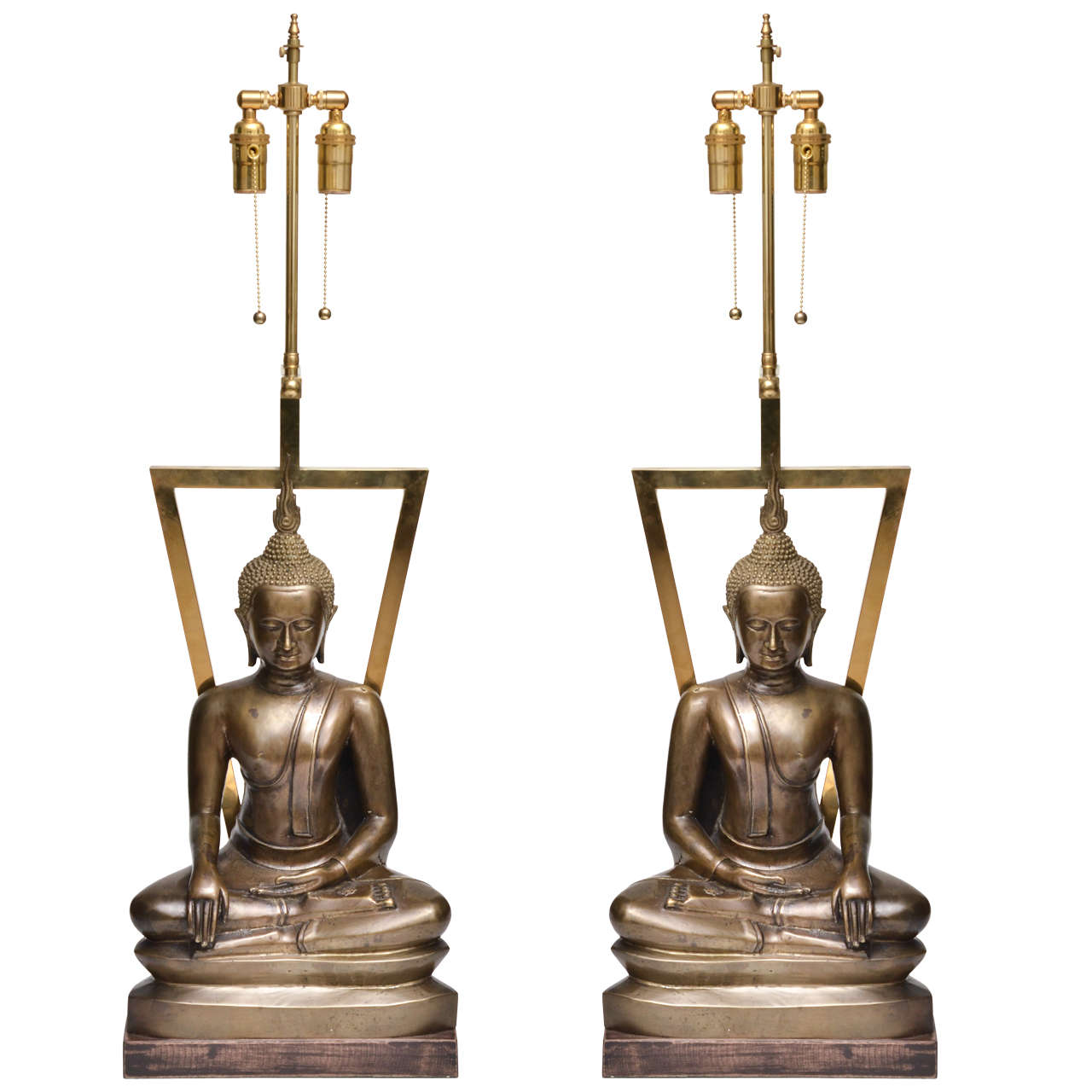 Pair of Sculptured Bronze Buddhist Asian Motif Table Lamps