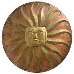 Painted Brass "Sun Face" Motif Wall Applique Attributed to Sergio Bustamante