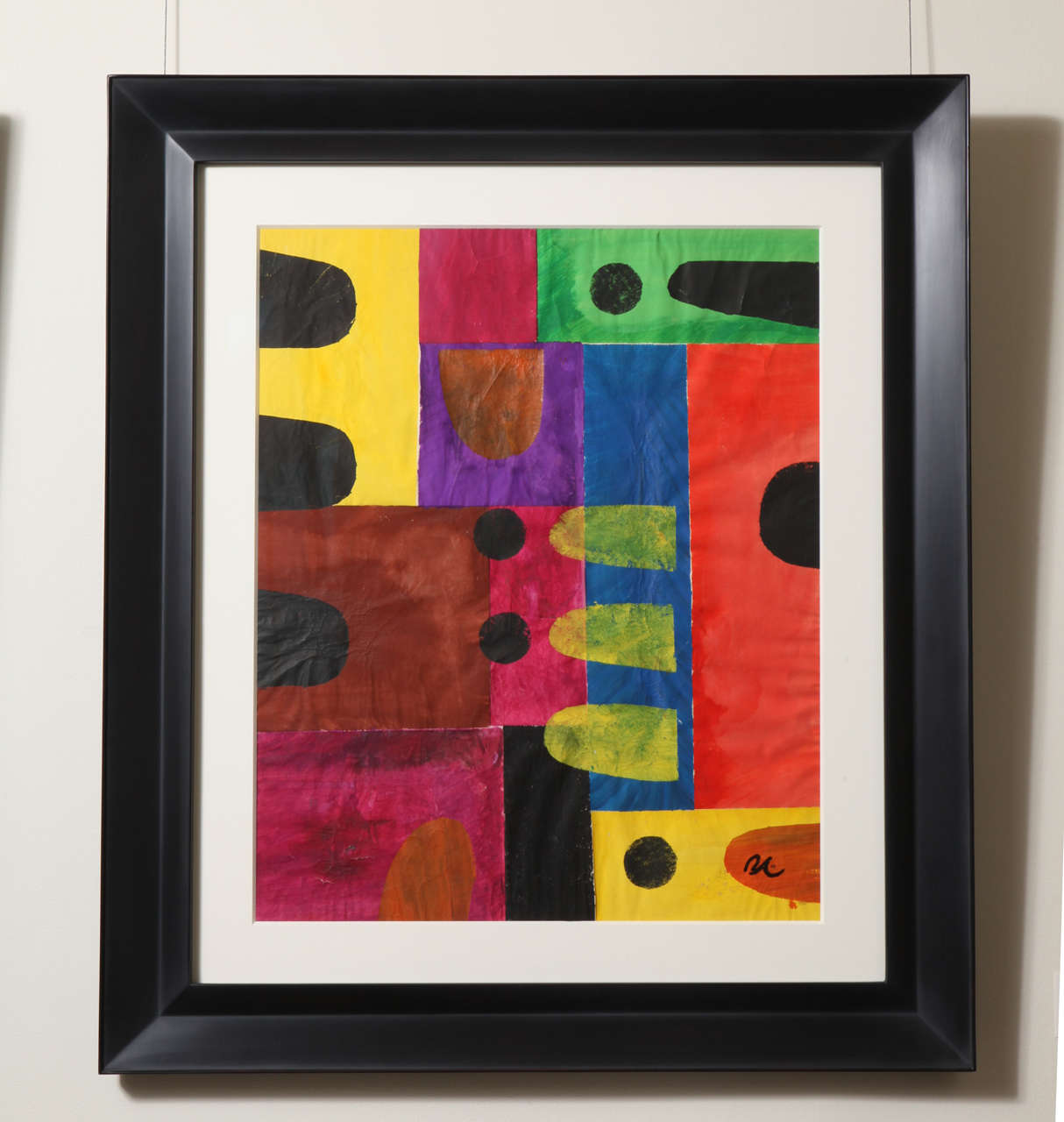 Measures: Image- 18 1/2” wide; 22 ½” high
Frame- 26 3/4” wide; 30 5/8” high

Custom framed with mat and museum glass.

Multicolored abstract geometric composition with horizontal forms with one rounded endand one square end along with