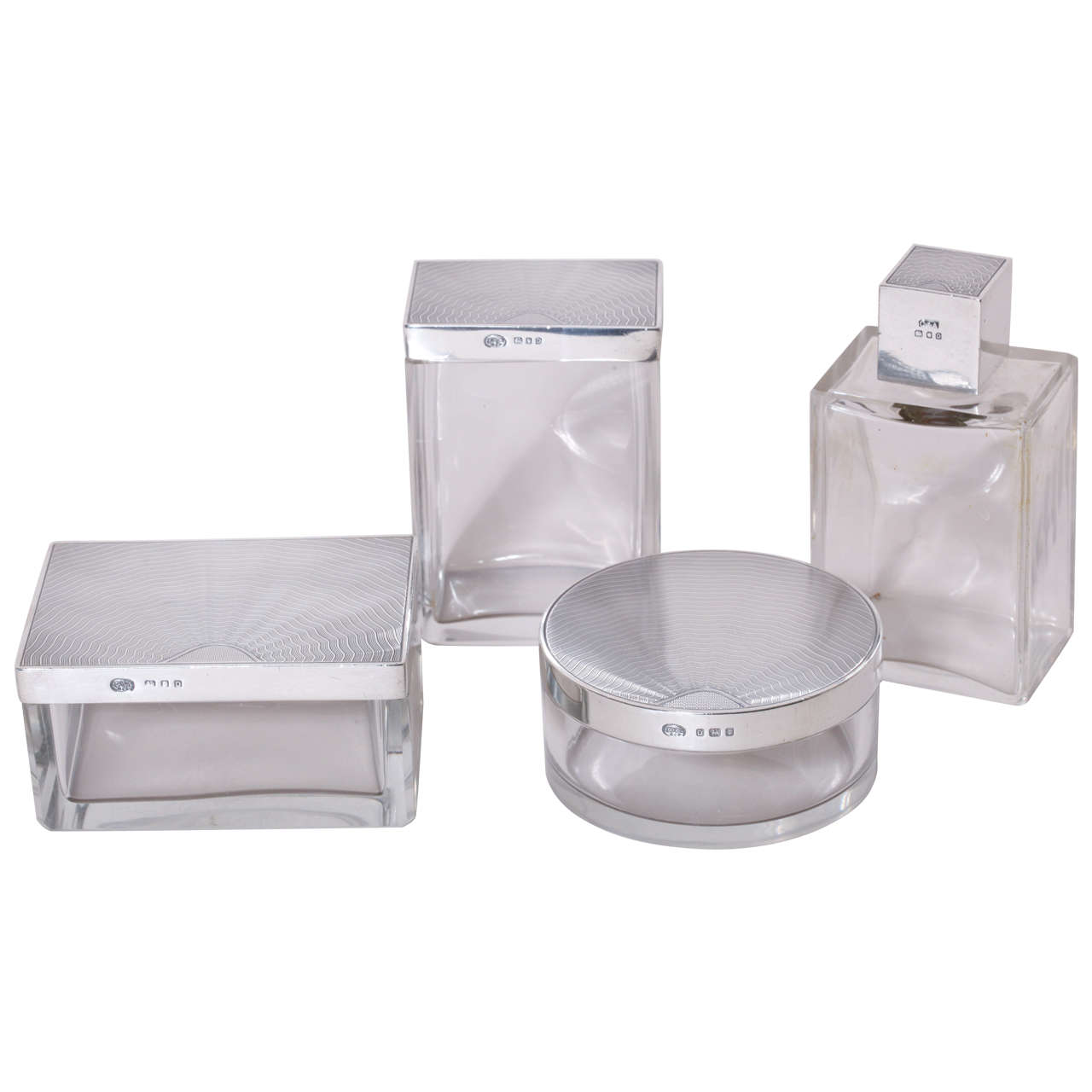 English Art Deco Four-Piece Crystal and Silver Dressing Set