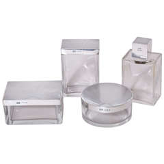 English Art Deco Four-Piece Crystal and Silver Dressing Set