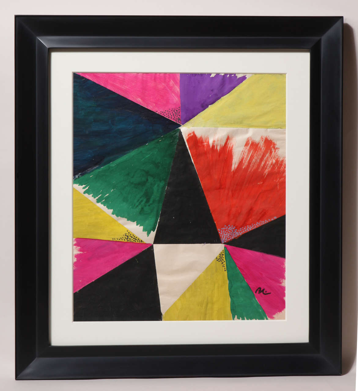 Measures: Image: 18 ½” wide, 21 ½” high
Frame: 26 ¾” wide; 29 ¾” high

Custom framed with mat and museum glass.

multicolored abstract composition of triangles.

Signed BL on lower right.