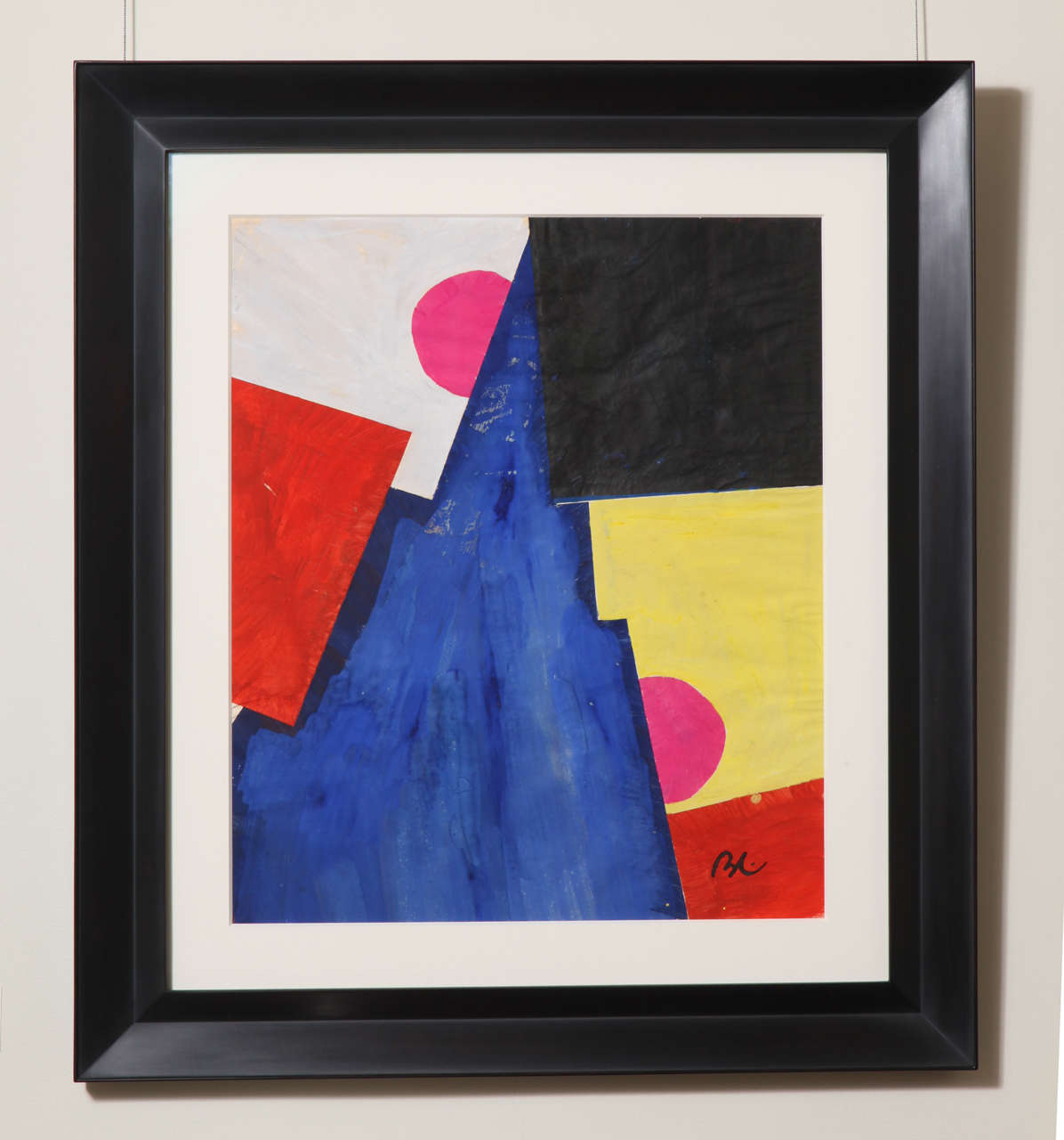 Image: 18 ¼” wide; 21 ½” high
Frame: 27” wide; 30 5/8” high

Custom framed with mat and museum glass.

Multicolored abstract geometric composition with blue triangle, squares and circles. 

Signed BL on lower right.