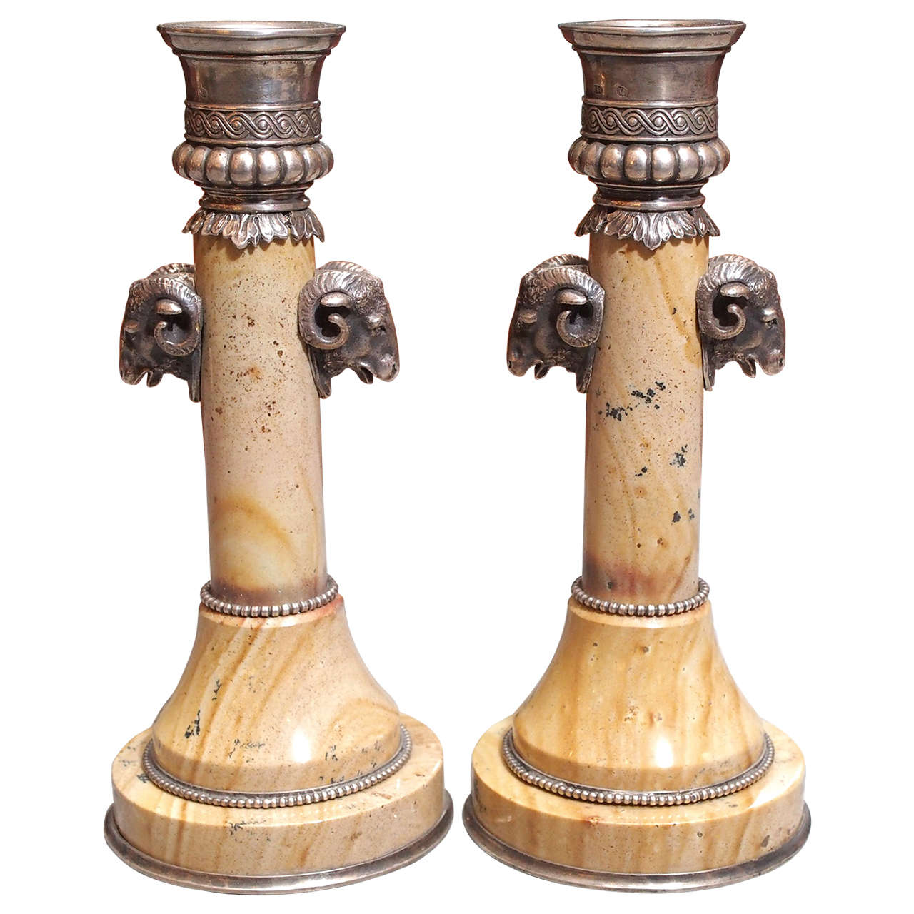Pair of Russian Hardstone and Silver Candlesticks