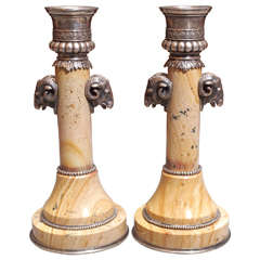 Pair of Russian Hardstone and Silver Candlesticks