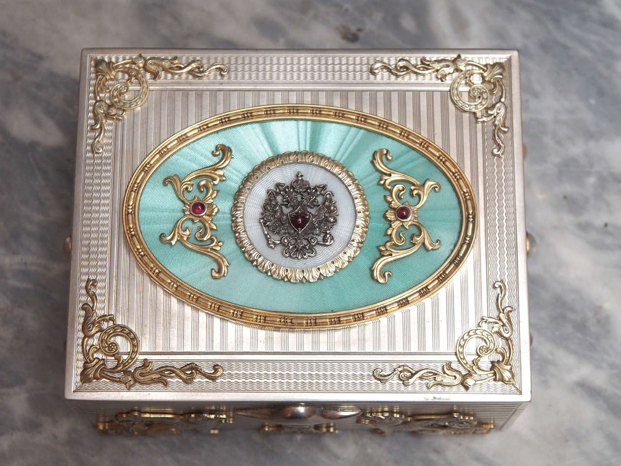 Russian Guilloche Enameled Jeweled Silver Box In Good Condition For Sale In Natchez, MS