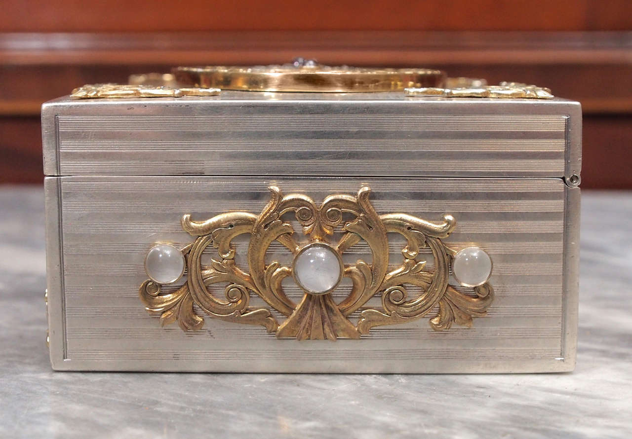 Russian Guilloche Enameled Jeweled Silver Box For Sale 2