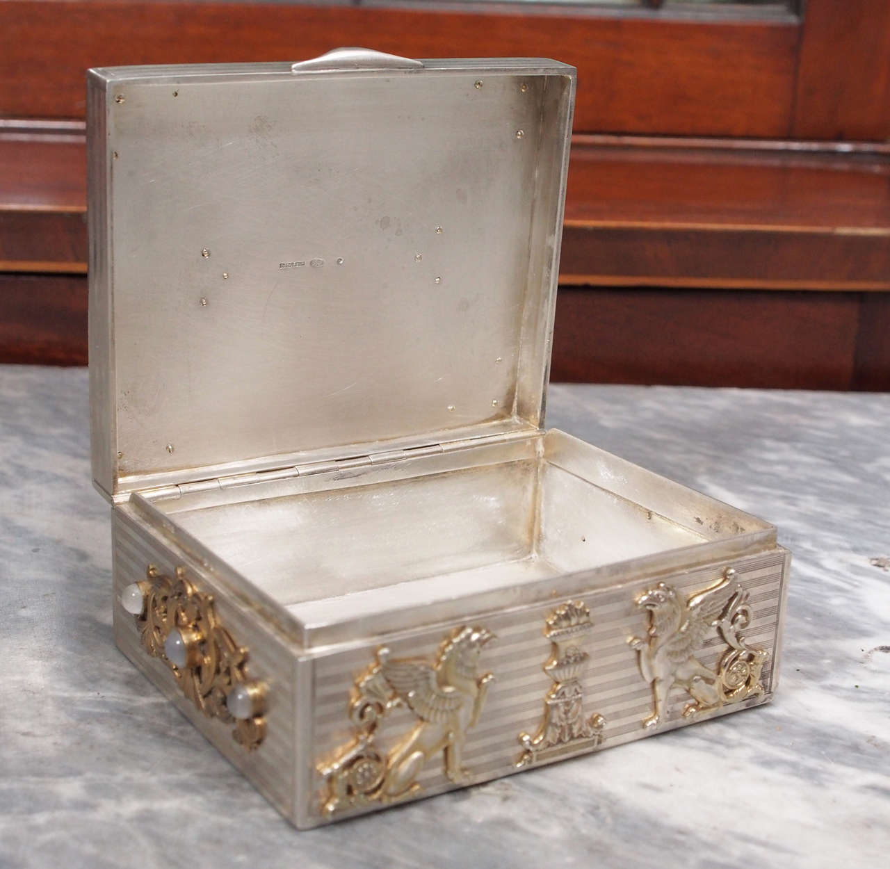 Russian Guilloche Enameled Jeweled Silver Box For Sale 3