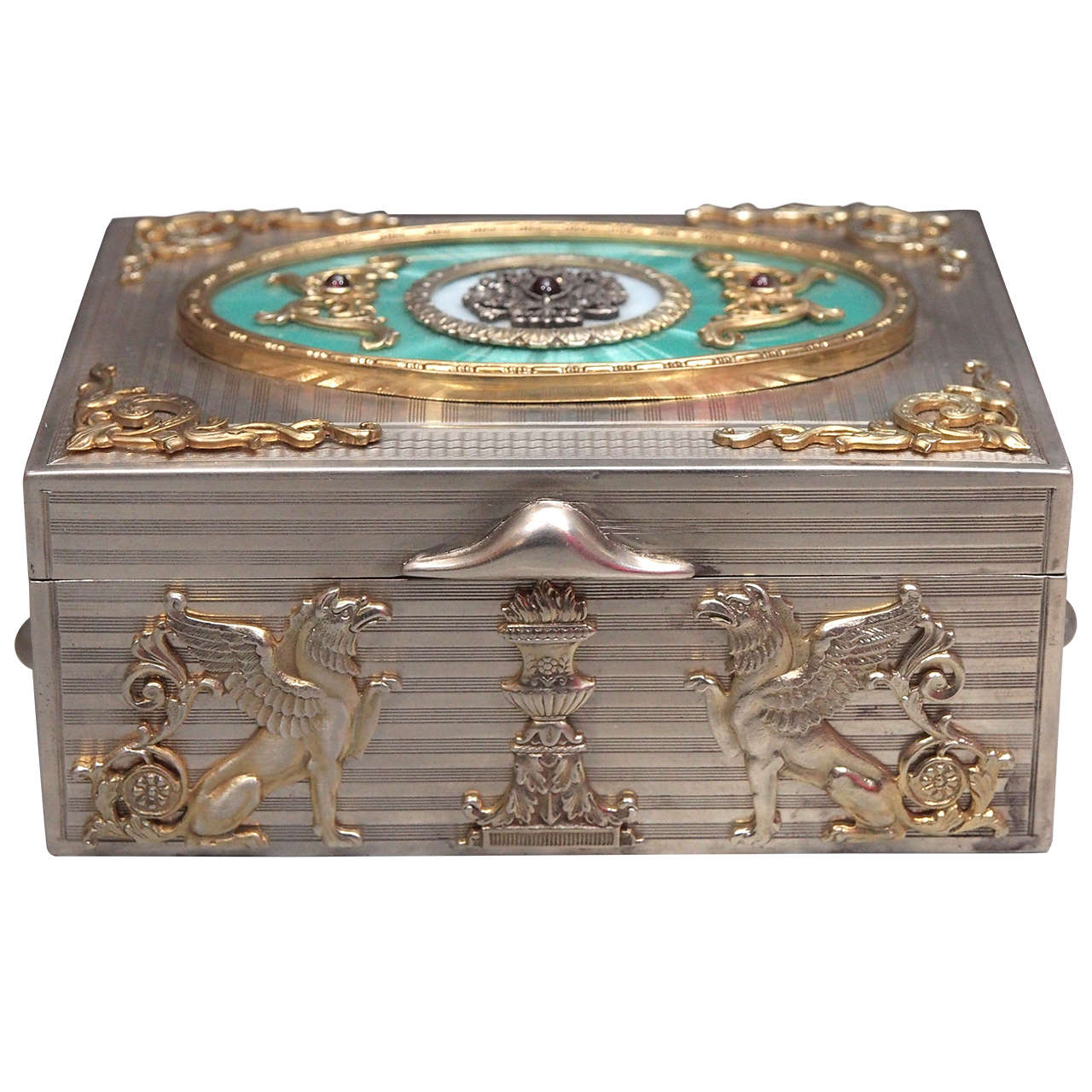 Russian Guilloche Enameled Jeweled Silver Box For Sale