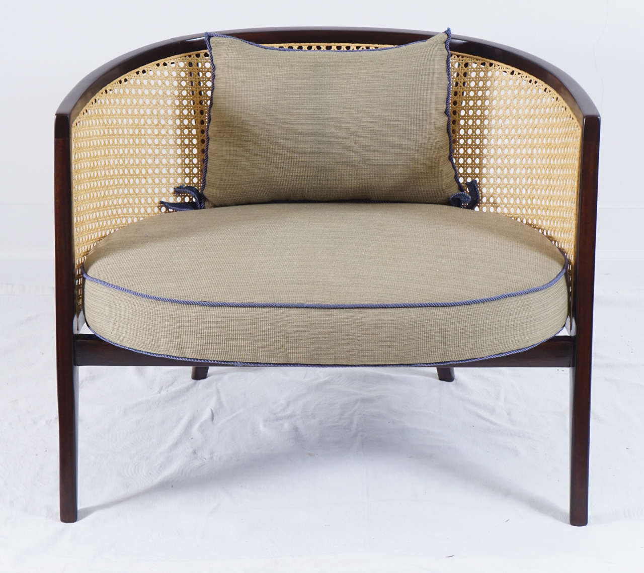 This pair of Harvey Probber chairs have been meticulously restored.
The frames are tight. The caning is new. The wood stain is a custom finish.
The fabric is original to suit your needs.
These chairs are very rare. An identical pair is available