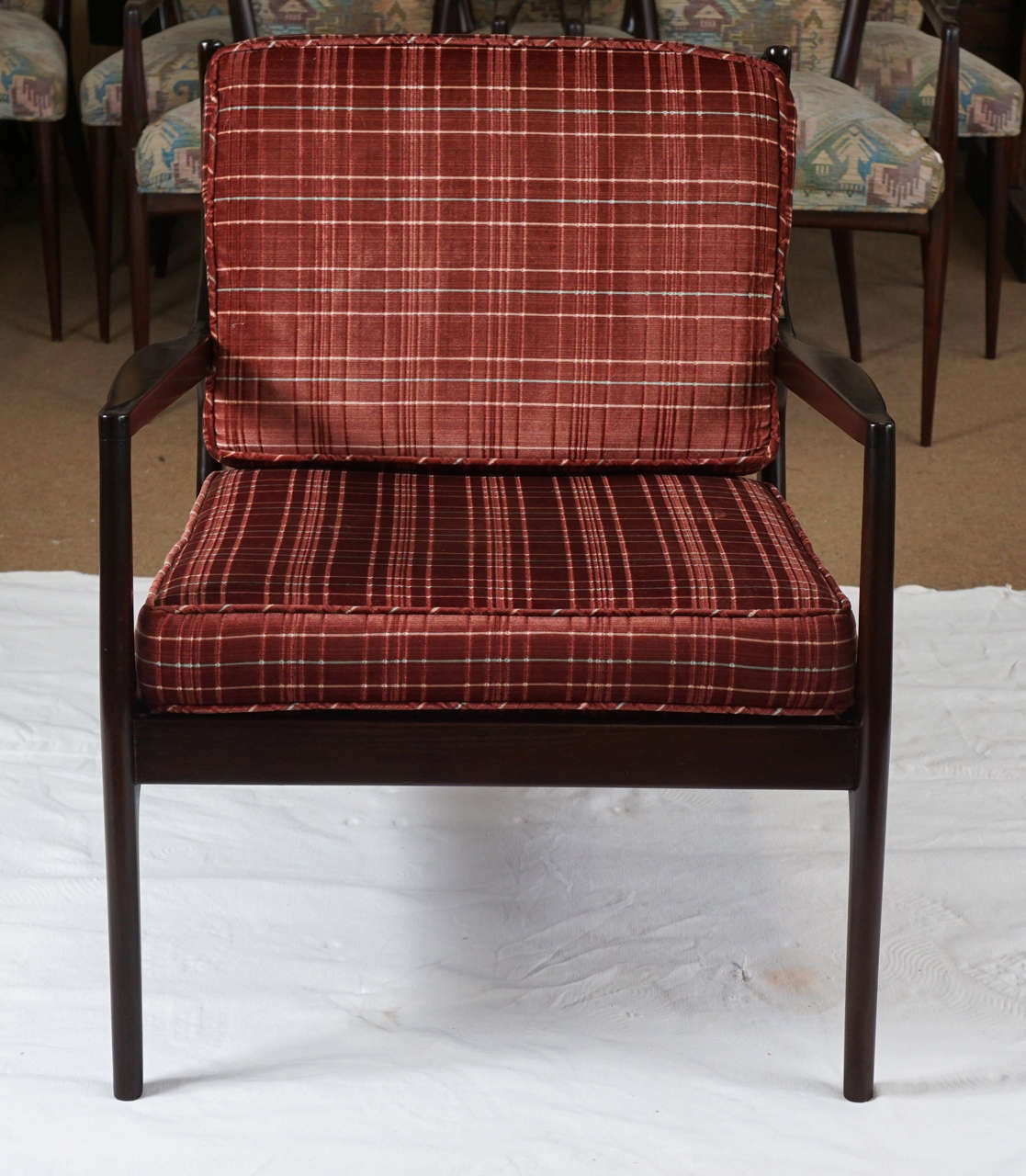 this wonderful stylish armchairs have just been refinished in a super dark walnut. they appear black is certain light.
frames are solid. cushions we redone at some point, very usable showing little wear at all.
we recently sold an identical pair