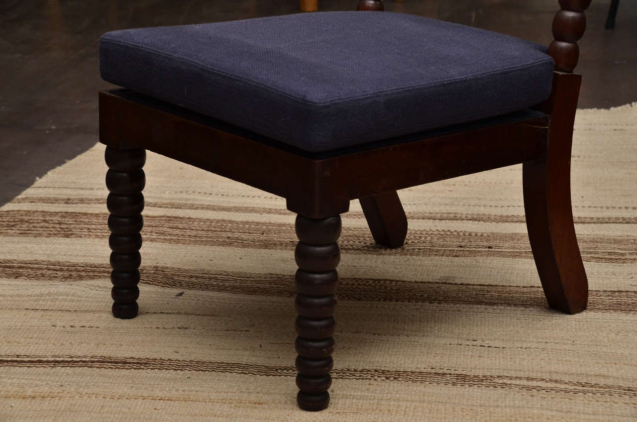 English Bobbin Style Mahogany Side Chair with Navy Linen Seat