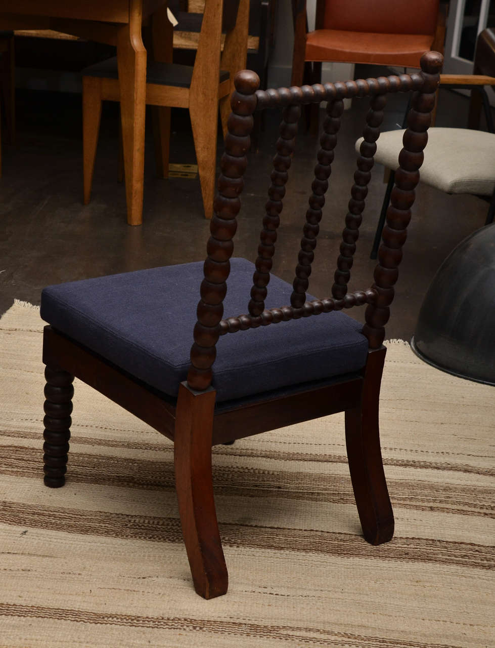 Bobbin Style Mahogany Side Chair with Navy Linen Seat 1