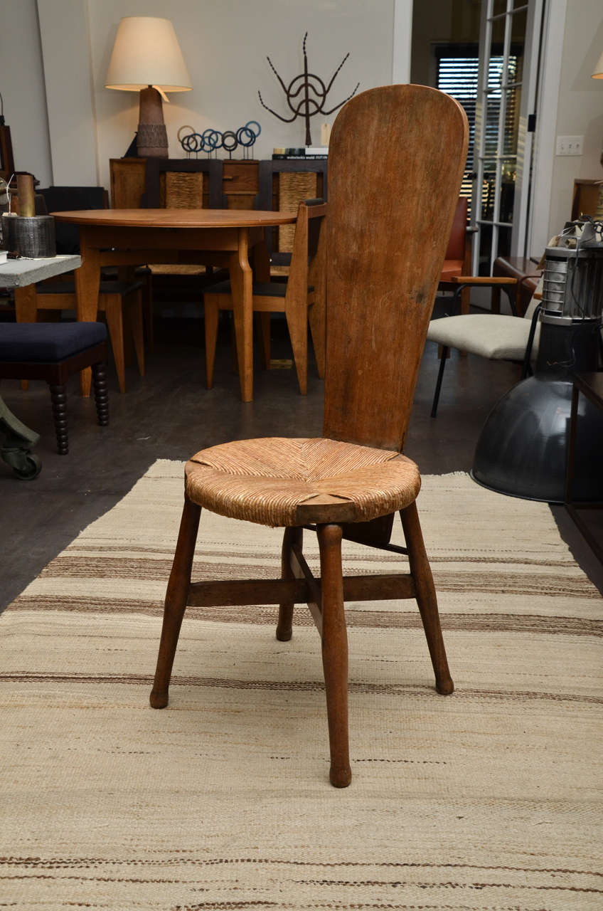 Beautiful Oak High Back Side Chair with Rush Seat, great patina on the wood, rush is original and in excellent condition.