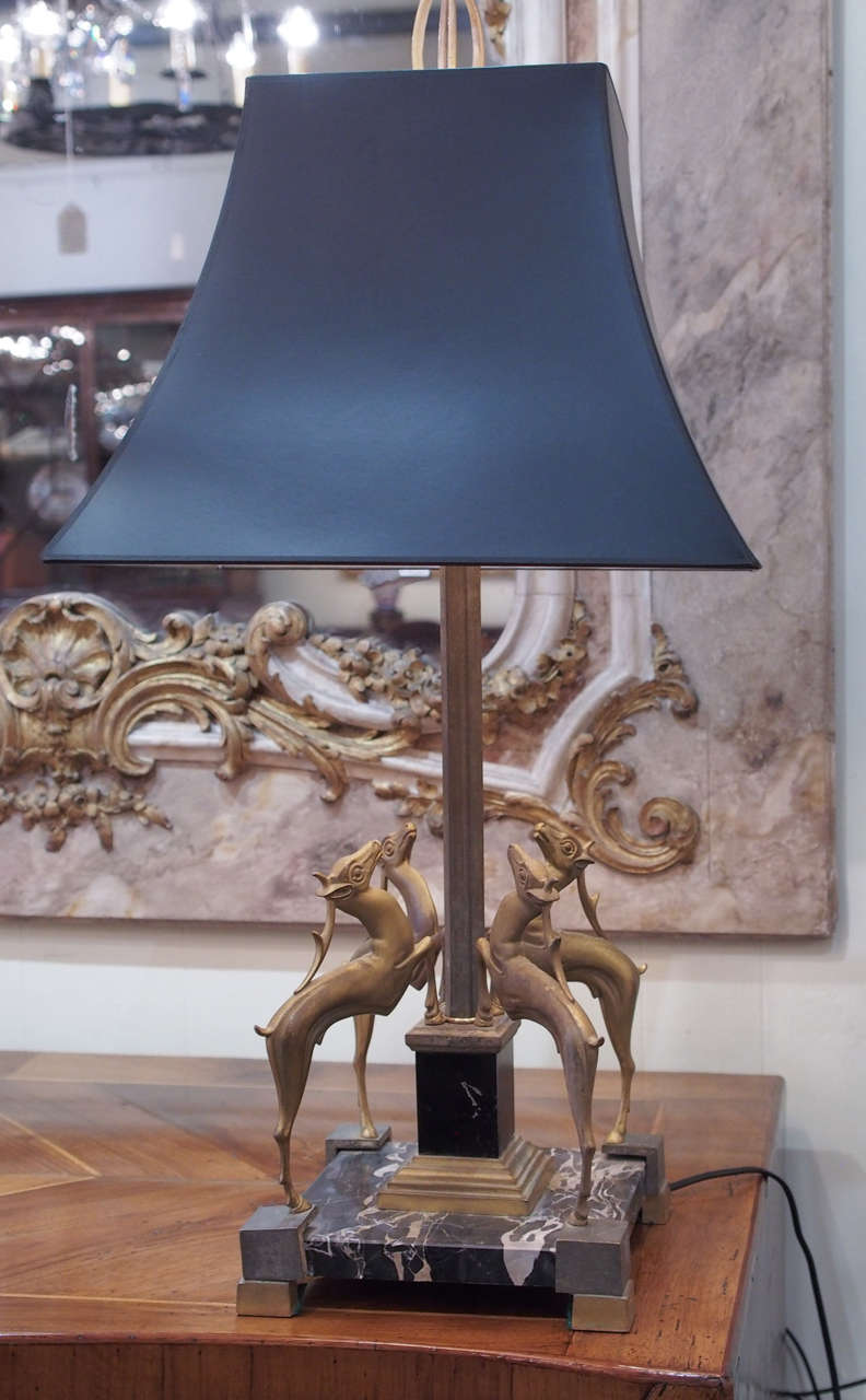 French Art Deco bronze and marble table lamp