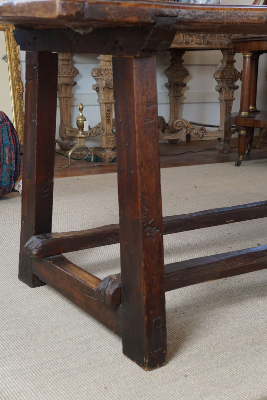 Carved English Walnut Trestle Table For Sale