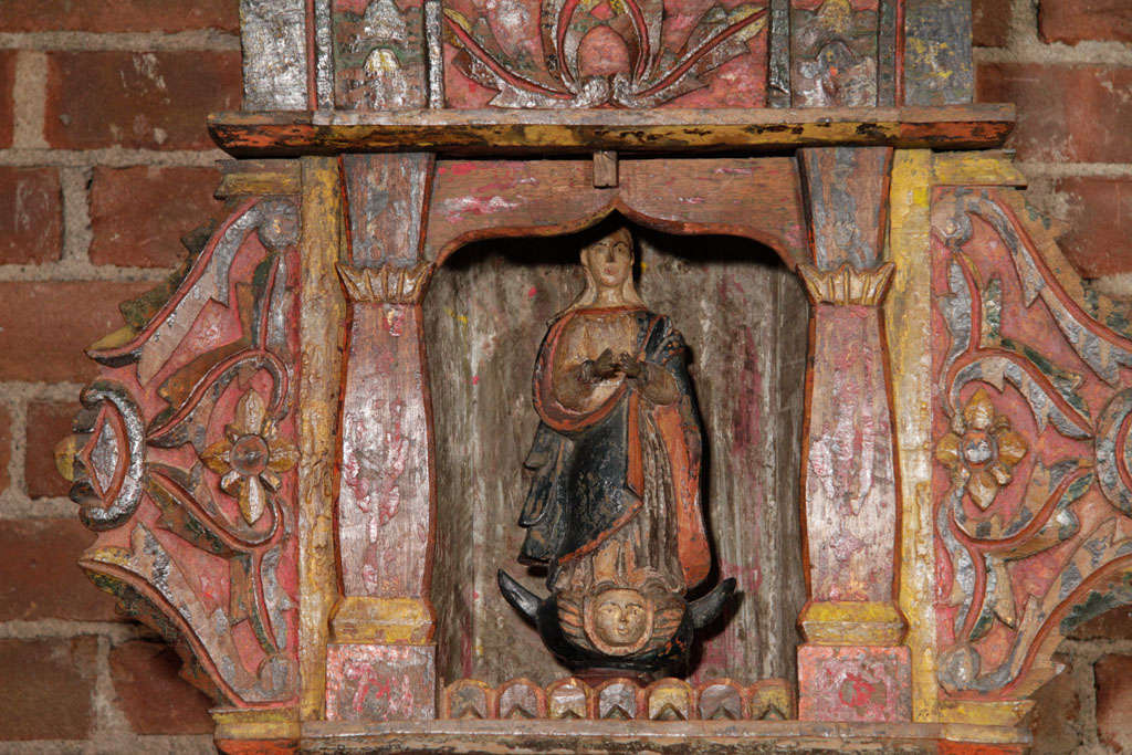 Wood Painted Shrine w/ Virgin Mary Statue