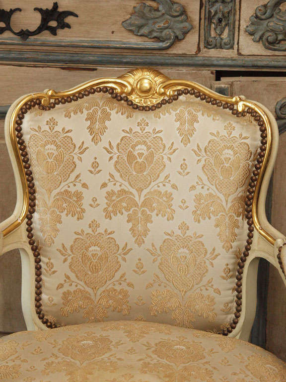 French Pair 19th c. Louis XV Gilded Armchairs with Original Silk Damask