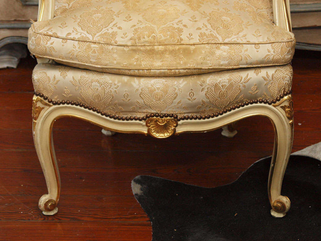Pair 19th c. Louis XV Gilded Armchairs with Original Silk Damask 2