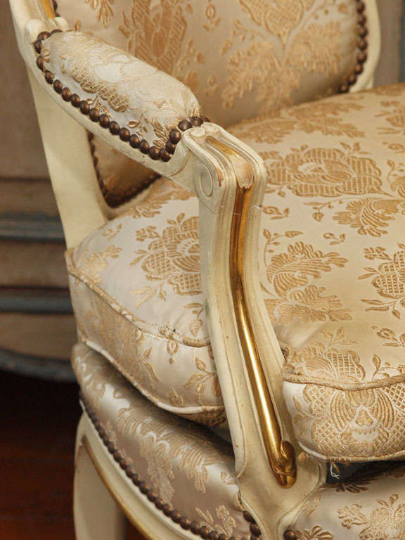 Pair 19th c. Louis XV Gilded Armchairs with Original Silk Damask 4