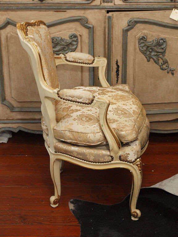 Pair 19th c. Louis XV Gilded Armchairs with Original Silk Damask 5