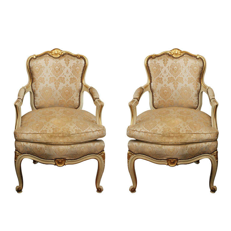 Pair 19th c. Louis XV Gilded Armchairs with Original Silk Damask
