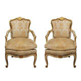Pair 19th c. Louis XV Gilded Armchairs with Original Silk Damask