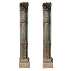 Antique Impressive Pair of Carved Wooden Columns with Stone Bases