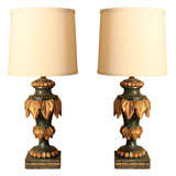 Antique Pair of Carved Wood Lamps