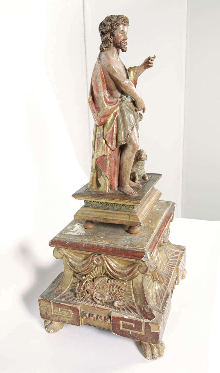 Baroque 18th Century Italian Polychrome Carved Statue of St. John the Baptist