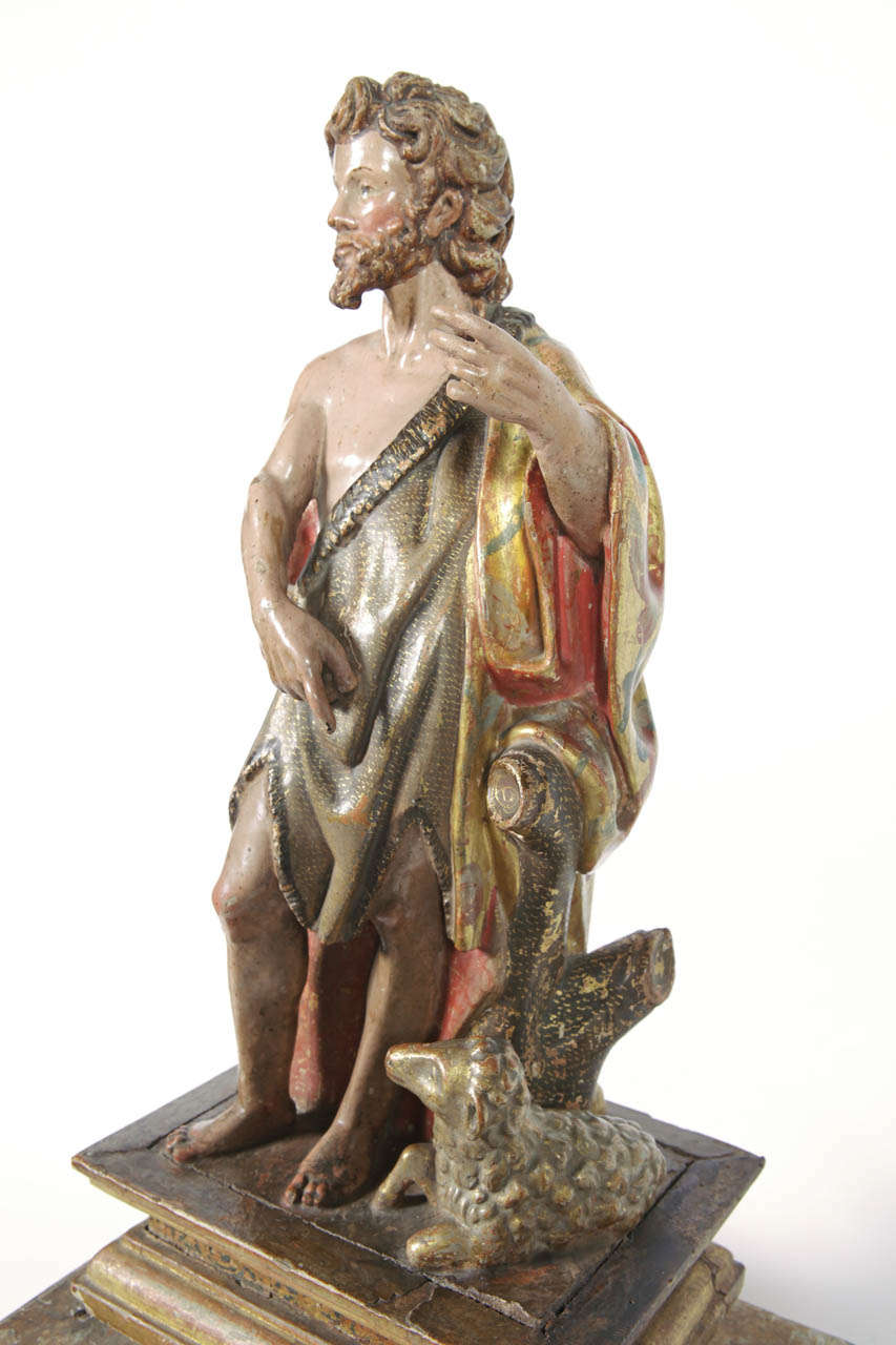 Hand-Carved 18th Century Italian Polychrome Carved Statue of St. John the Baptist