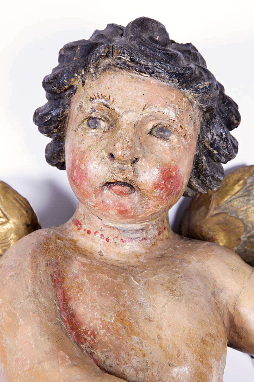 Pair of Early 18th Century Italian Carved Giltwood Polychrome Cherubs Sculptures In Good Condition In Dallas, TX