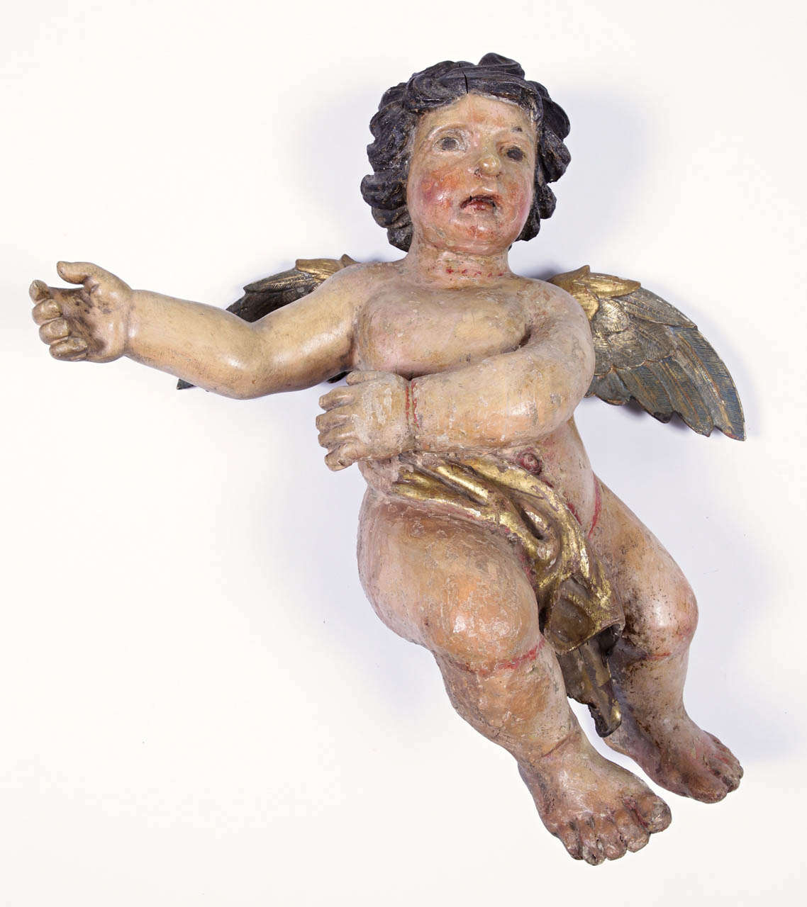 Pair of Early 18th Century Italian Carved Giltwood Polychrome Cherubs Sculptures 6