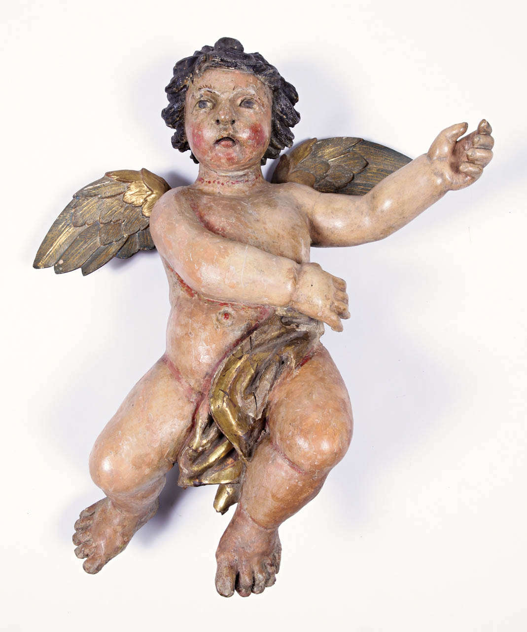 Pair of Early 18th Century Italian Carved Giltwood Polychrome Cherubs Sculptures 7
