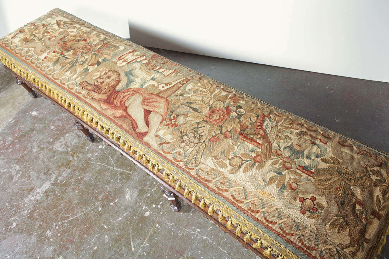 19th Century Napoleon III Carved Bench with Antique Tapestry 1