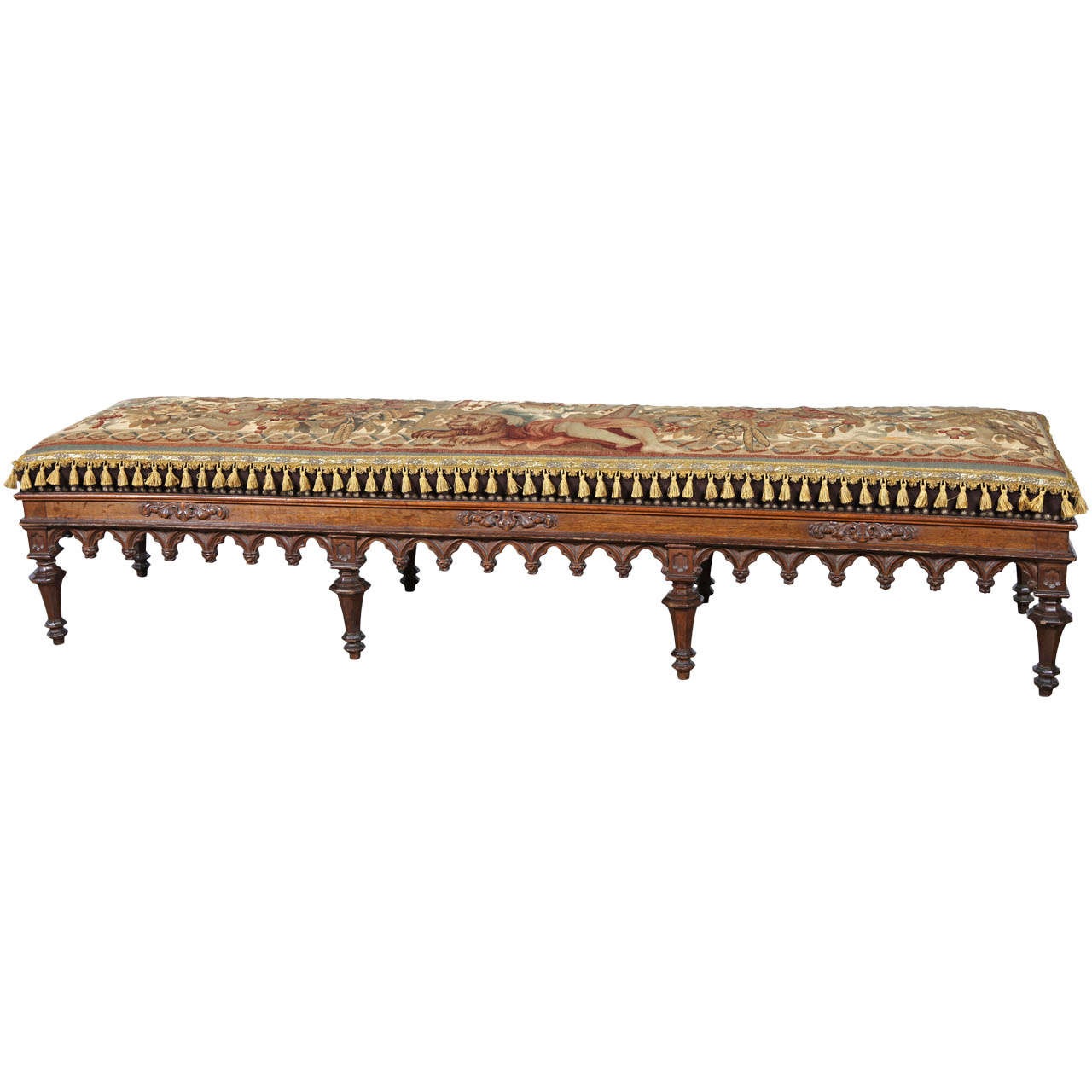 19th Century Napoleon III Carved Bench with Antique Tapestry
