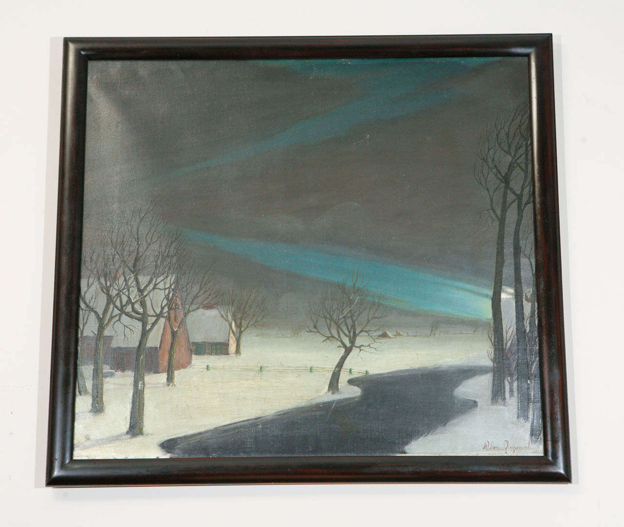Winter landscape with a river. Oil on canvas in later wood frame, signed Aeyumoozky.