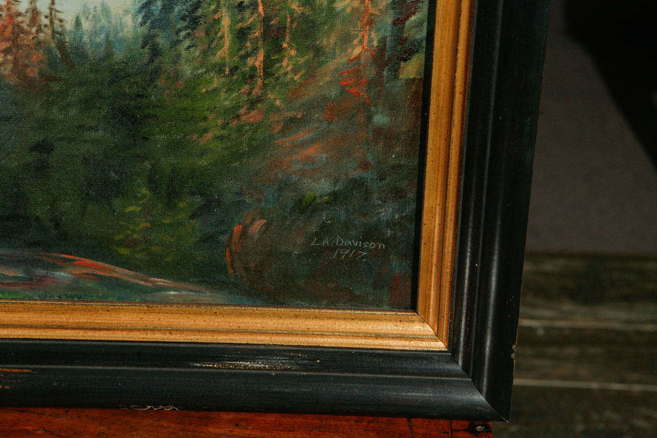 Lake Landscape Painting circa 1917, Signed L.A. Davidson In Good Condition In Los Angeles, CA