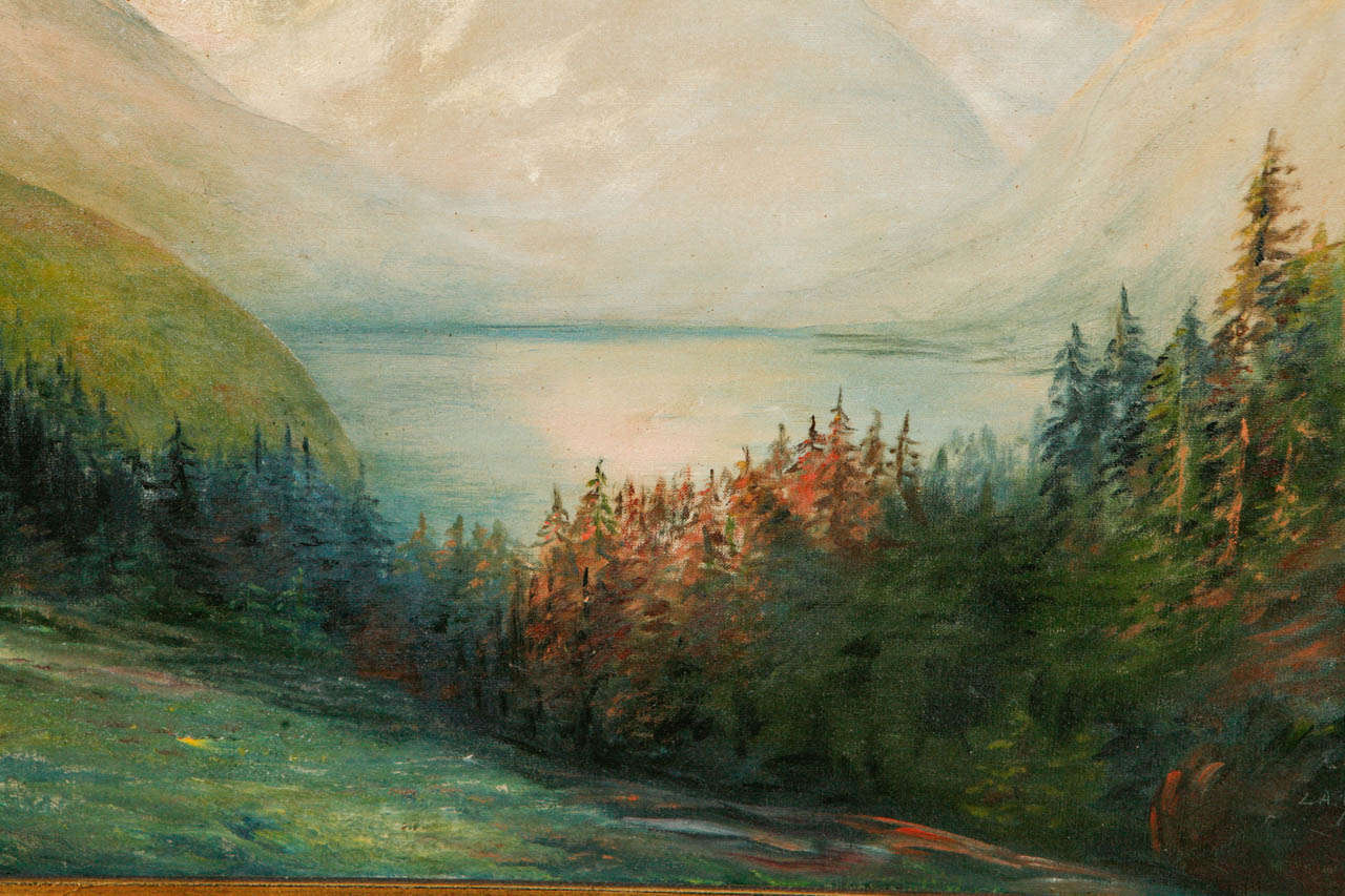 Lake Landscape Painting circa 1917, Signed L.A. Davidson 1