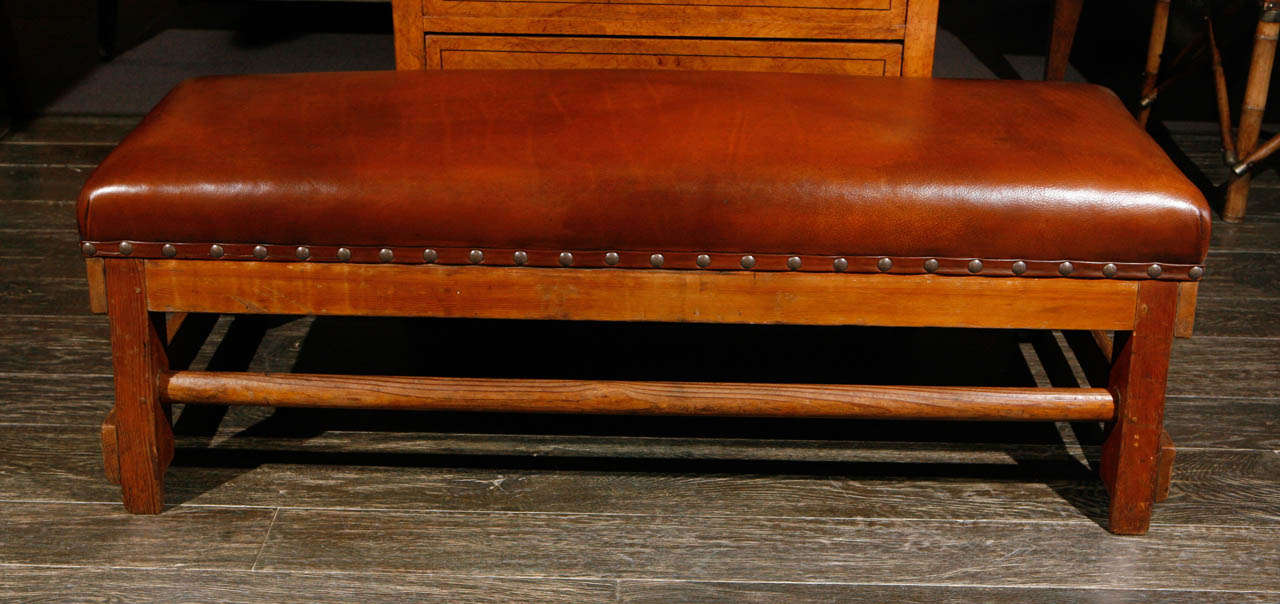 A leather upholstered antique gym horse as a bench.