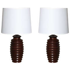 Pair of Dark Mahogany Wood Table Lamps